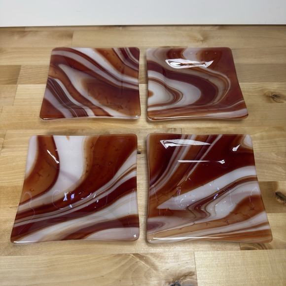 Set of 4 White Orange Red Fused Art Glass Trays 6" by 6" - Picture 2 of 15